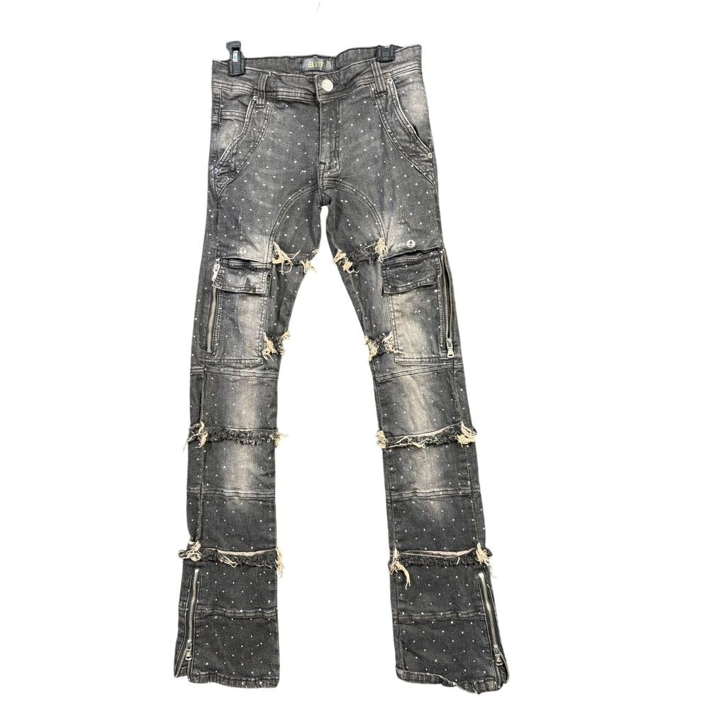 Elite Jeans Pants Mens 29x34 Distressed Studded Zipper Pockets Denim Unique